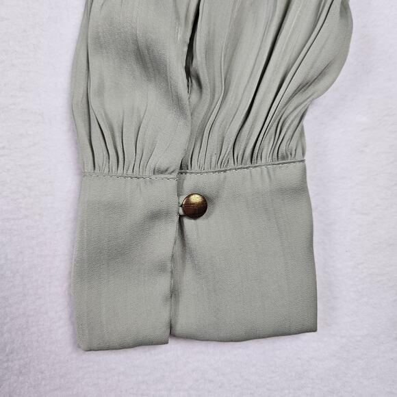 Anthropologie Smocked Blouson Sleeve Blouse Sage Green Open Back Satin Party L - Picture 12 of 16